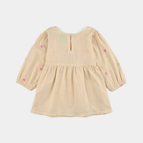 Infant Girls Cotton Slub Emb Top Pink Flower-Off White