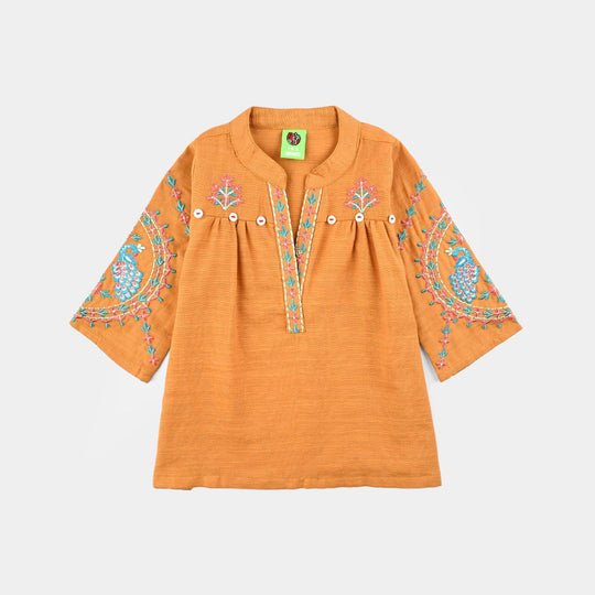 Infant Girls Cotton Slub Emb Kurti Ujala-Mustard