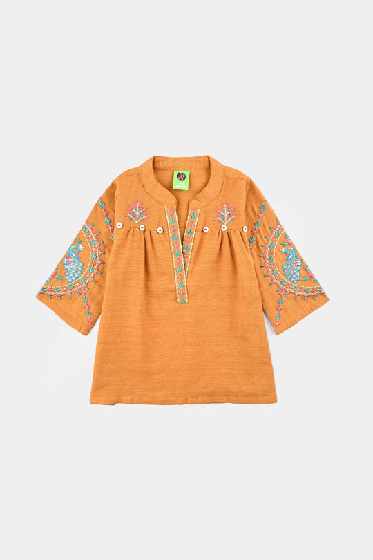 Infant Girls Cotton Slub Emb Kurti Ujala-Mustard