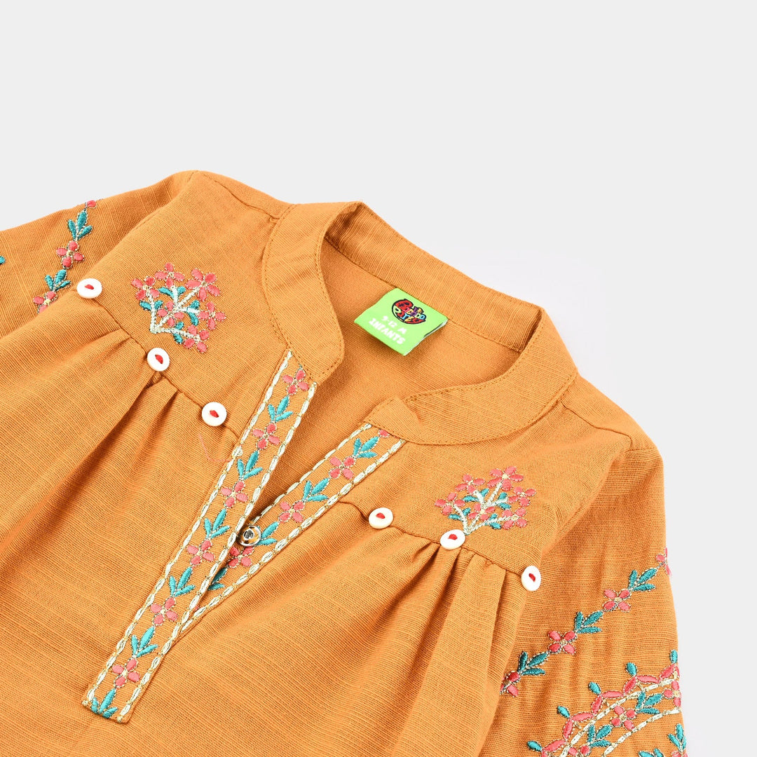 Infant Girls Cotton Slub Emb Kurti Ujala-Mustard