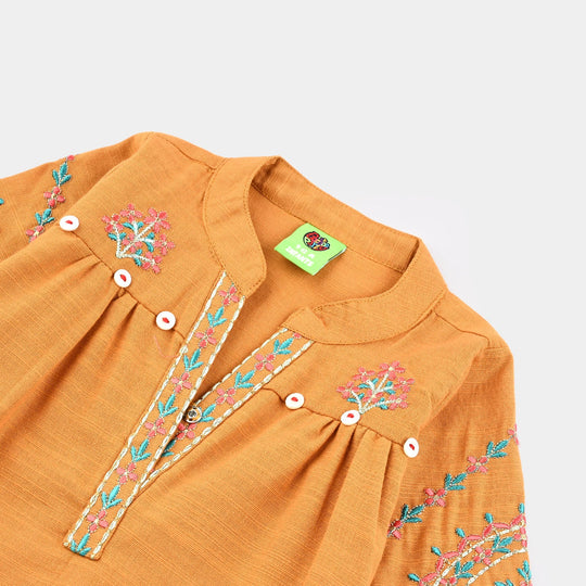 Infant Girls Cotton Slub Emb Kurti Ujala-Mustard