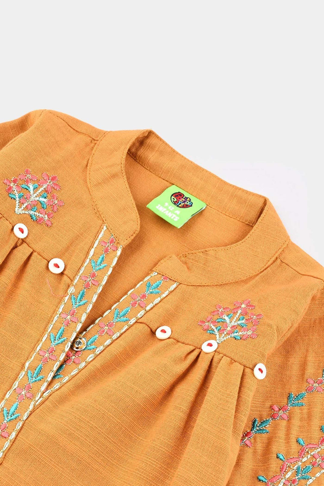 Infant Girls Cotton Slub Emb Kurti Ujala-Mustard