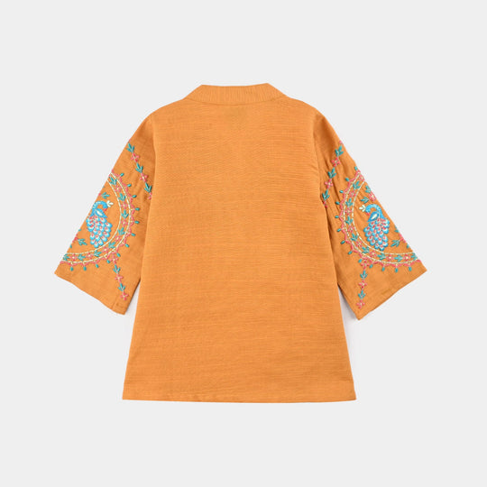 Infant Girls Cotton Slub Emb Kurti Ujala-Mustard