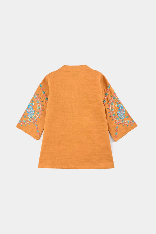 Infant Girls Cotton Slub Emb Kurti Ujala-Mustard