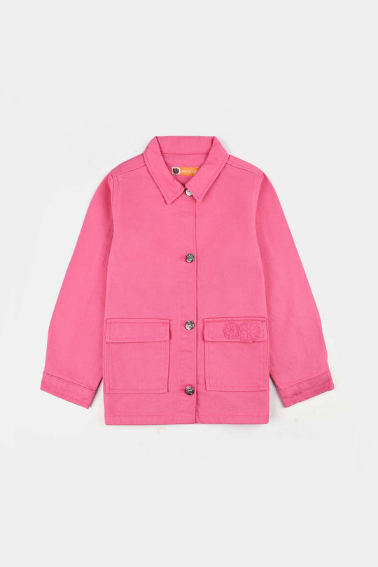 Girls Cotton Twill Woven Jacket Flowers-PINK