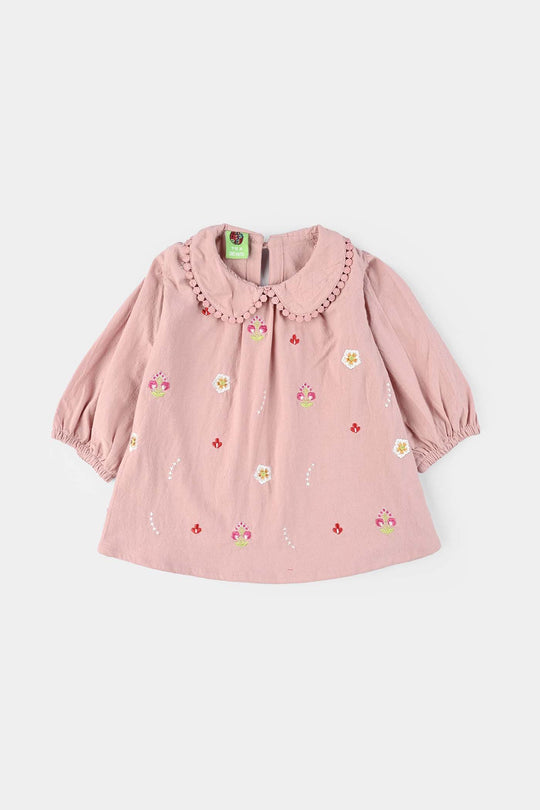Infant Girls Cotton Emb Top Peter Pan-Pink
