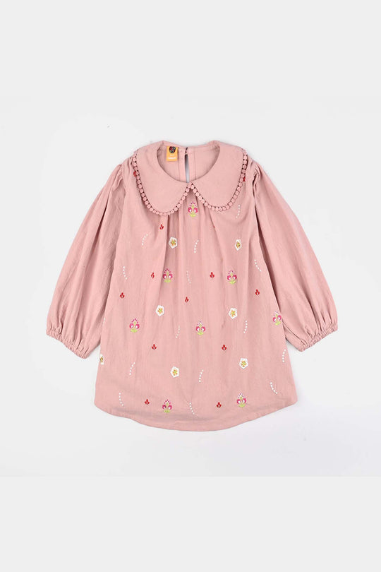 Girls Cotton Emb Top Peter Pan-Pink