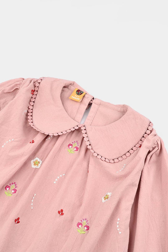 Girls Cotton Emb Top Peter Pan-Pink