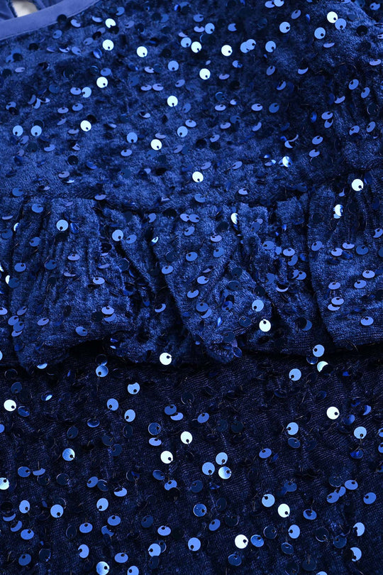 Girls Velvet Dress  Sequence-BLUE