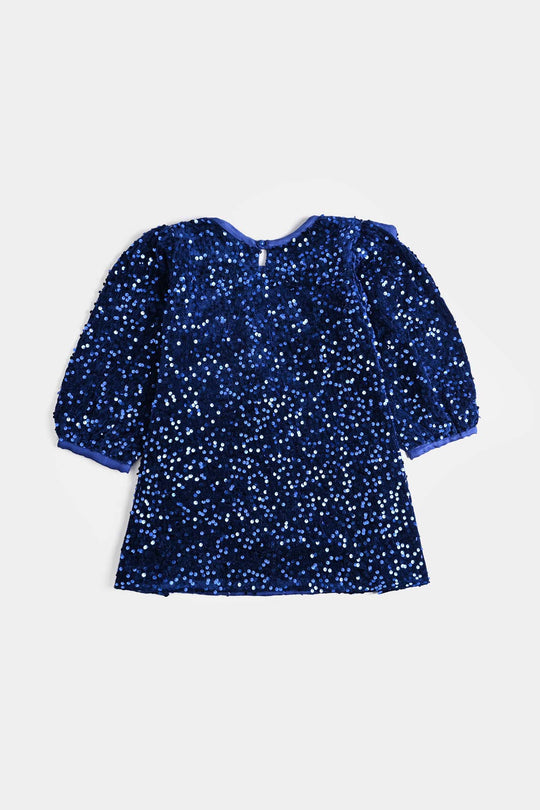 Girls Velvet Dress  Sequence-BLUE