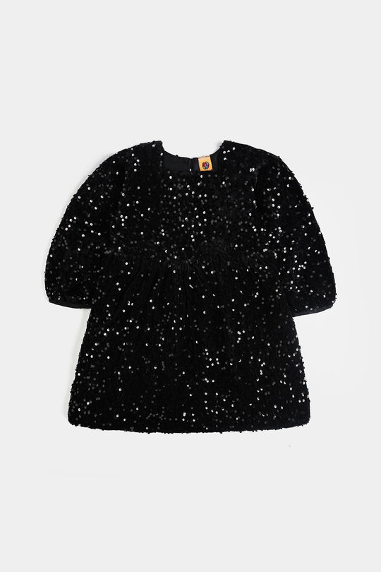 Girls Velvet Dress Sequence -BLACK