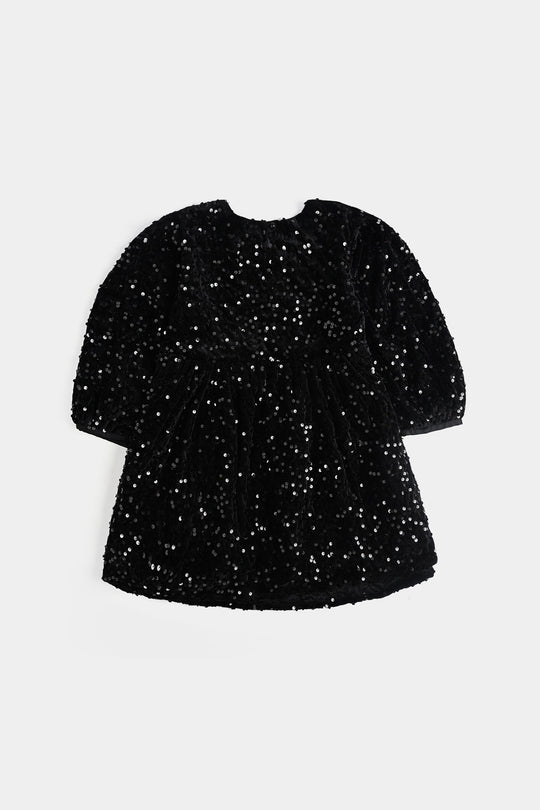 Girls Velvet Dress Sequence -BLACK