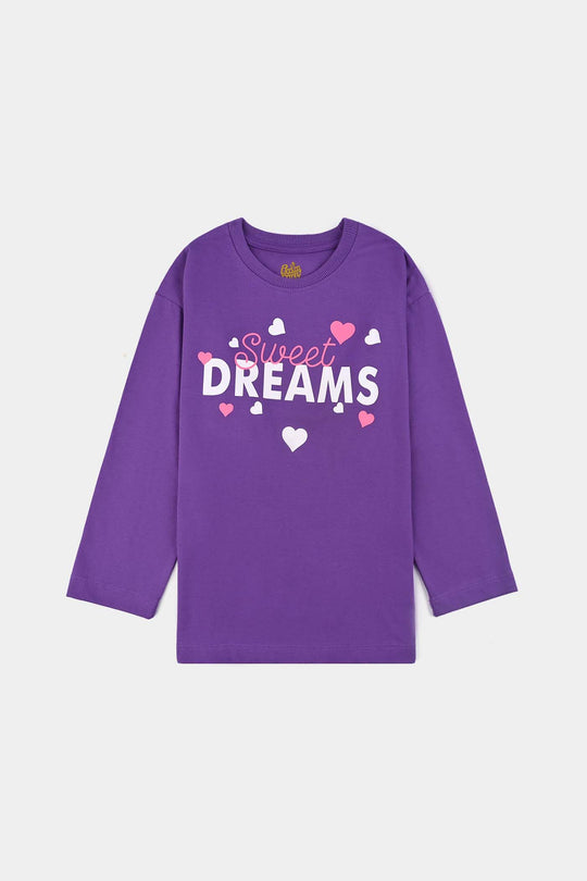 Girls Poly Cotton Jersey Night Suit SWEET DREAMS-Purple
