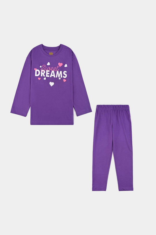 Girls Poly Cotton Jersey Night Suit SWEET DREAMS-Purple