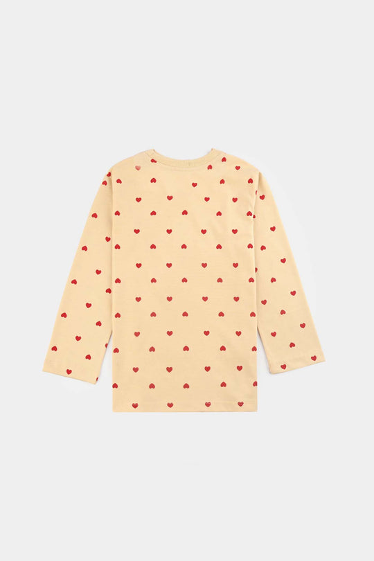 Girls Cotton Interlock Night Suit Hearts-Wood Ash