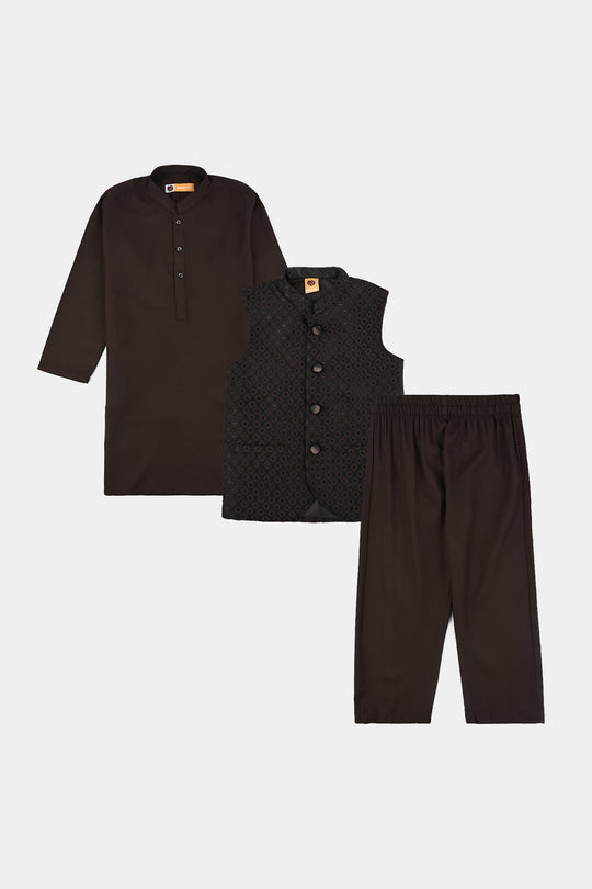 Boys Poly Viscose 3 Piece Suit (Earth Tone)-BROWN