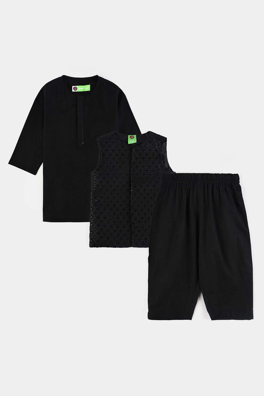 Infant Boys Cotton Slub 3 Piece suit (Black Beauty)-BLACK