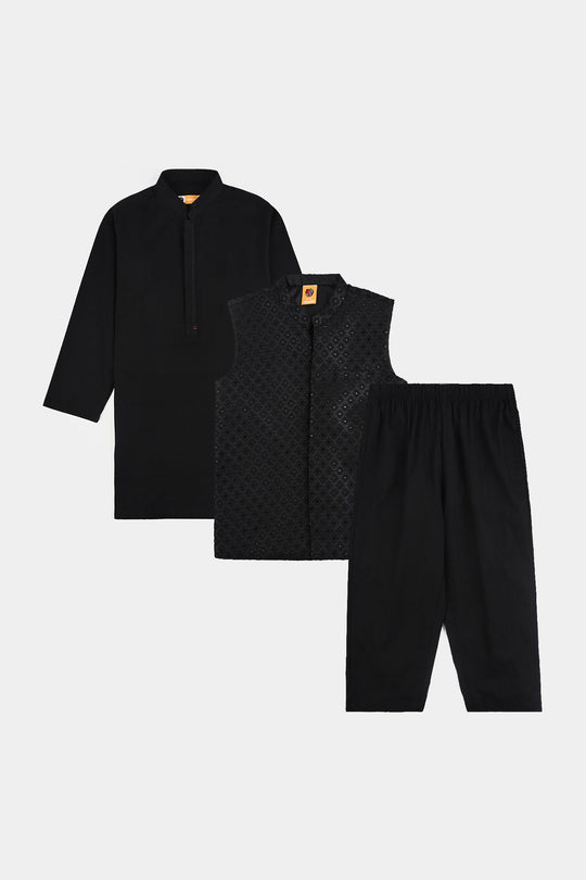 Boys Cotton Slub 3 Piece suit (Black Beauty)-BLACK
