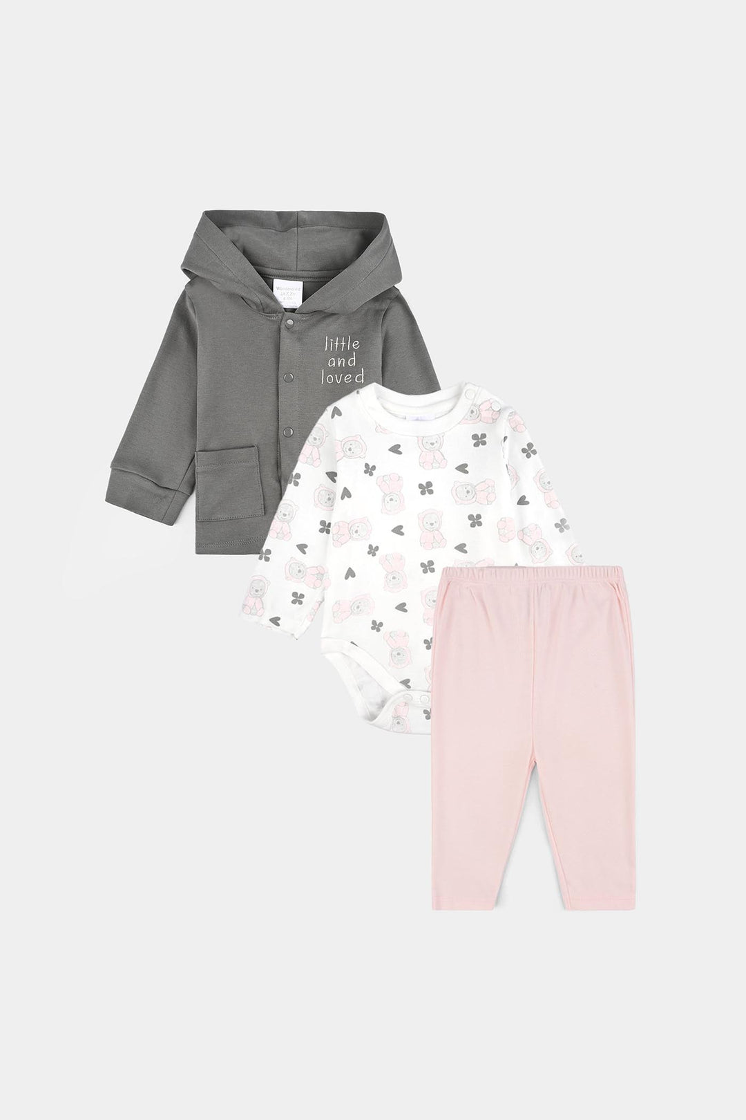 Infant Girls Cotton Interlock 3 PC Set-Grey/White/Pink
