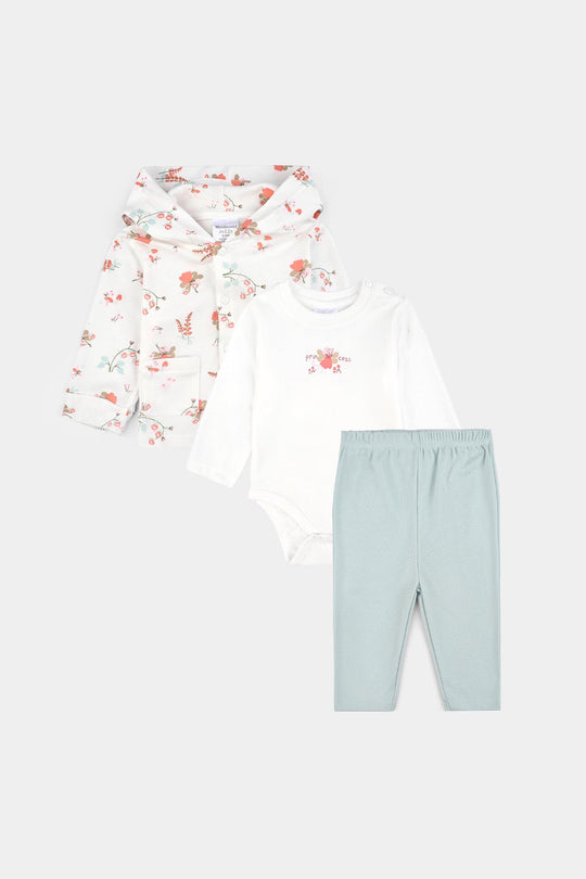 Infant Girls Cotton Interlock 3 PC Set-White/Green