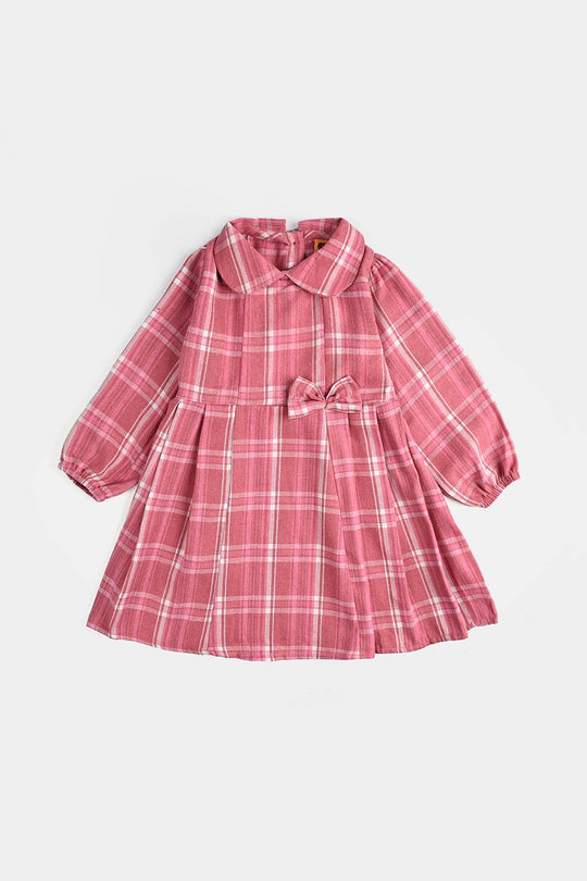 Girls Cotton Casual Frock Pink Check-PINK