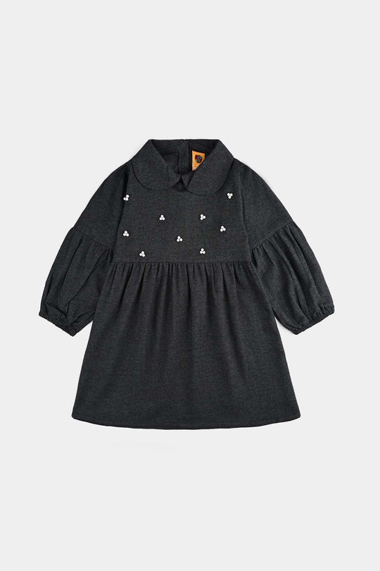 Girls Cotton Casual Frock Dark-GREY