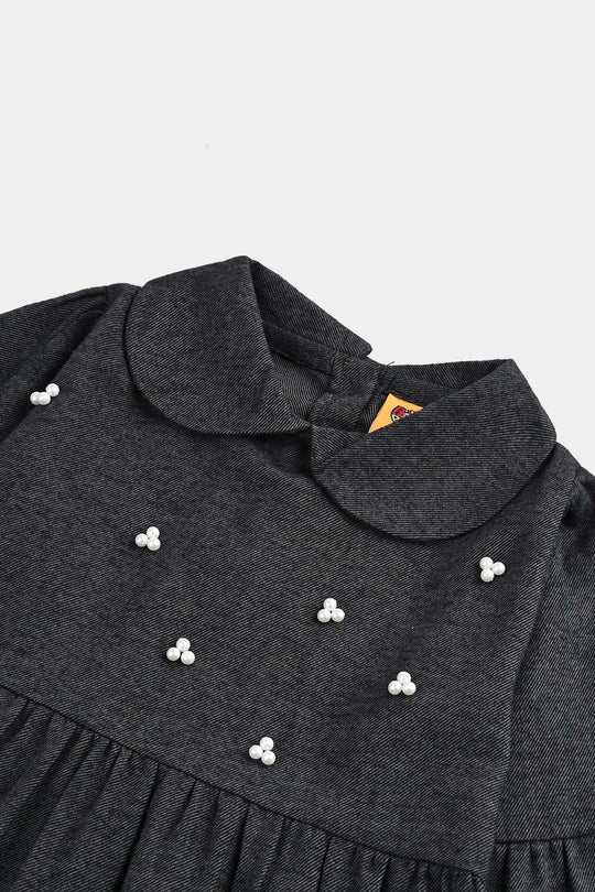 Girls Cotton Casual Frock Dark-GREY