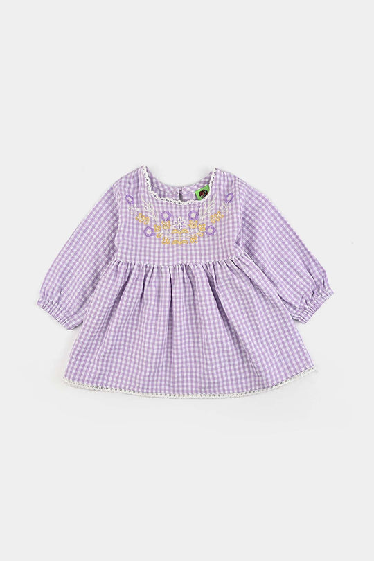 Infant Girls Poly Jersey Emb Top Flowers Checks-Purple