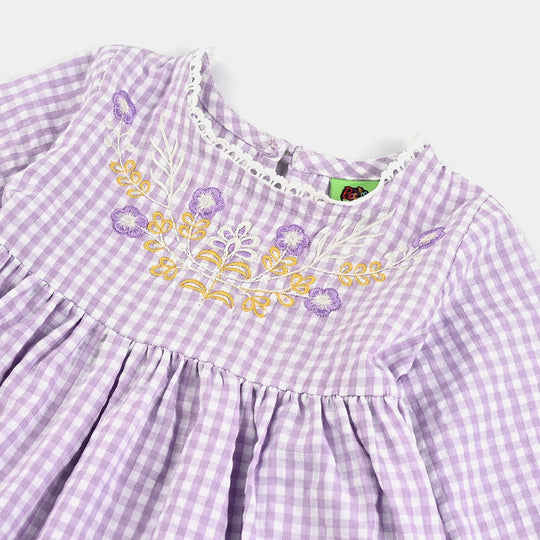 Infant Girls Poly Jersey Emb Top Flowers Checks-Purple