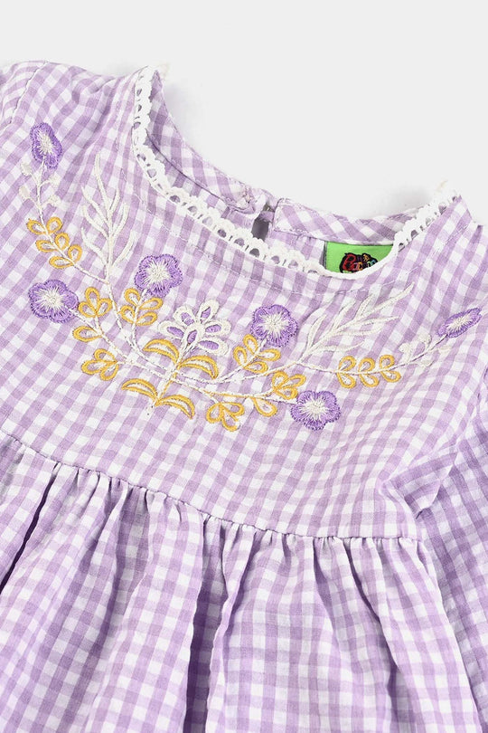 Infant Girls Poly Jersey Emb Top Flowers Checks-Purple