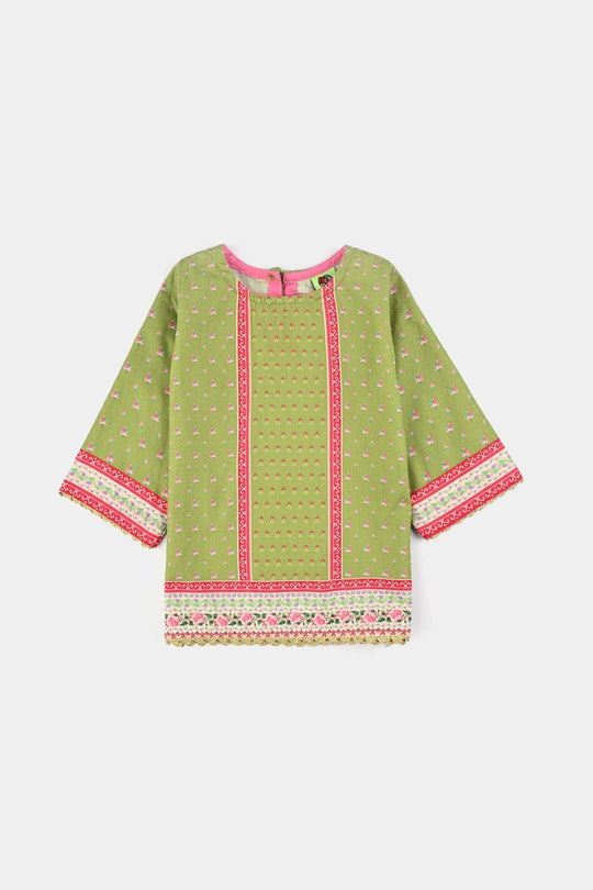 Infant Girls Cotton Poplin Printed Kurti Desi Green