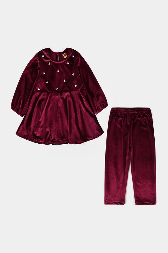 Girls Velvet Co-Set Maroon Love-MAROON