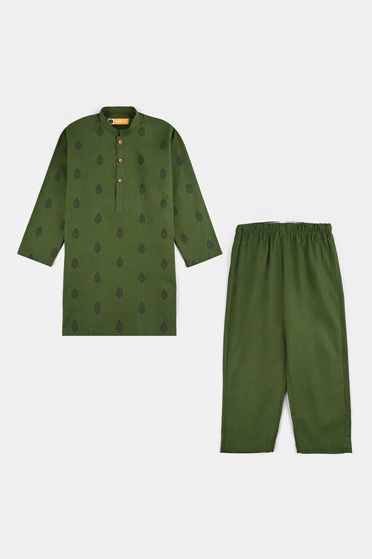 Boys Cotton Slub Kurta Pajama - Green