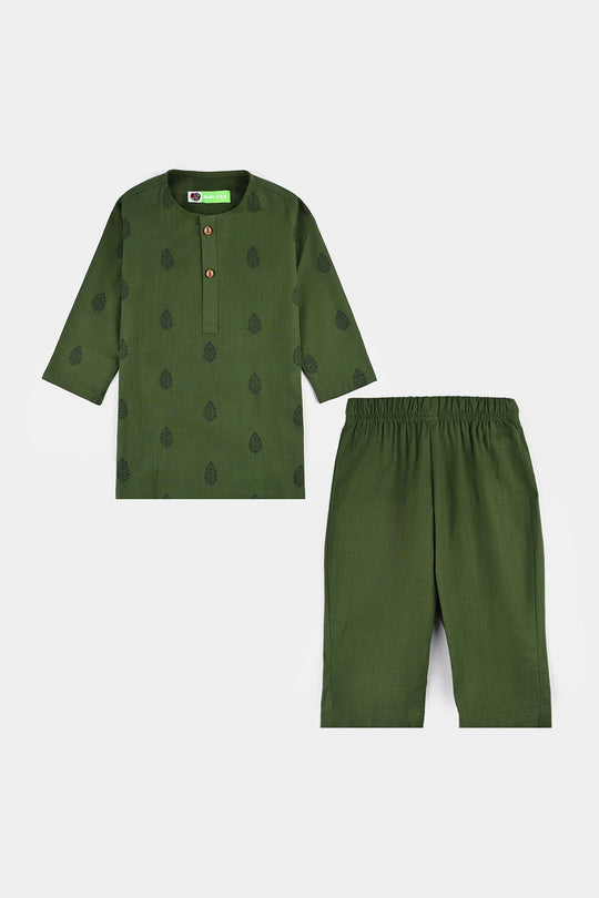 Infant Boys Cotton Slub Kurta Pajama - Green