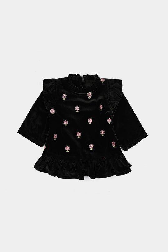 Infant Girls Velvet Emb Top Moon-BLACK