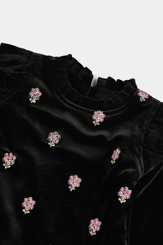 Infant Girls Velvet Emb Top Moon-BLACK