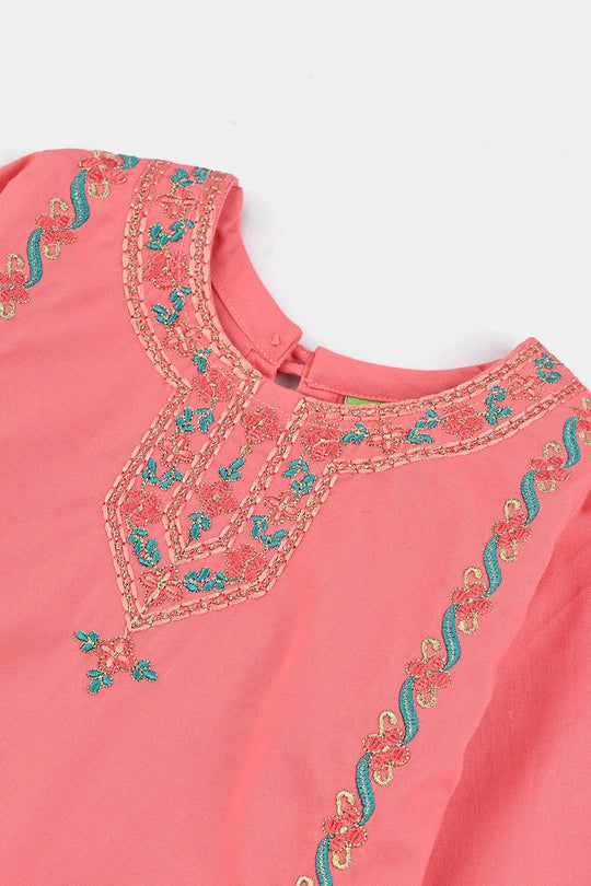 Infant Girls Cotton Poplin Emb 2Pcs Rani-Peach