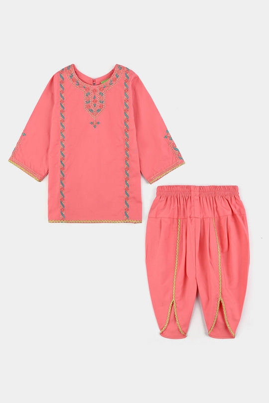 Infant Girls Cotton Poplin Emb 2Pcs Rani-Peach