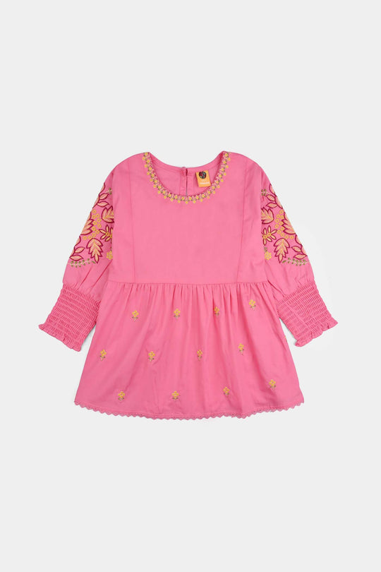 Girls Cotton Poplin Emb Top Pink Candy-Shock.Pink