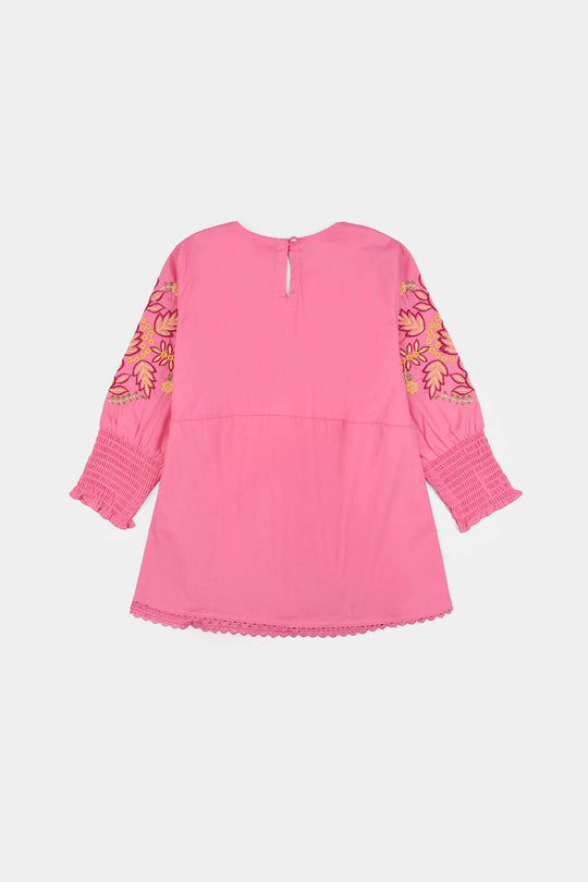 Girls Cotton Poplin Emb Top Pink Candy-Shock.Pink