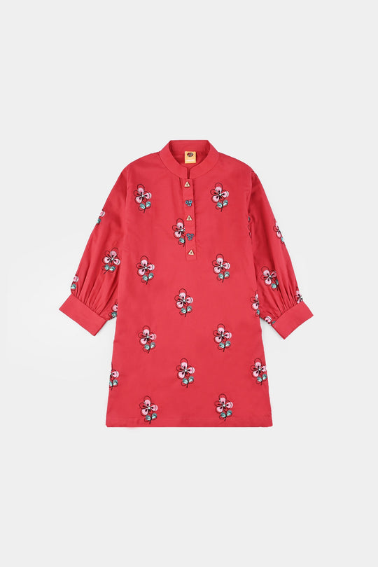 Girls Poplin Embroidered Kurti Flower - Red