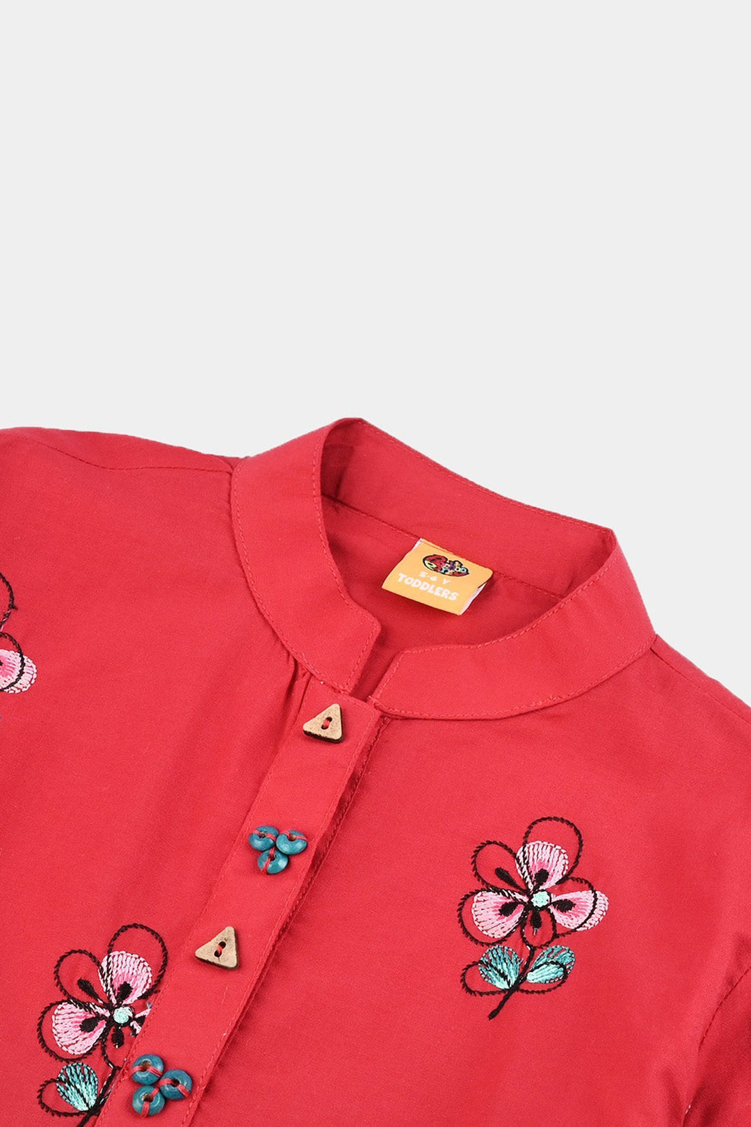 Girls Poplin Embroidered Kurti Flower - Red