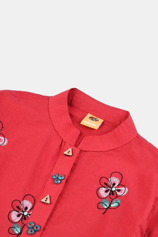 Girls Poplin Embroidered Kurti Flower - Red