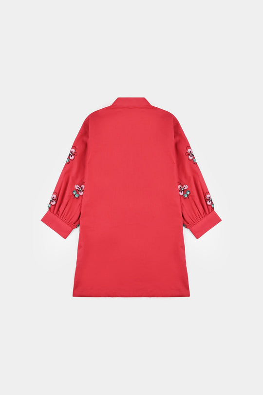 Girls Poplin Embroidered Kurti Flower - Red