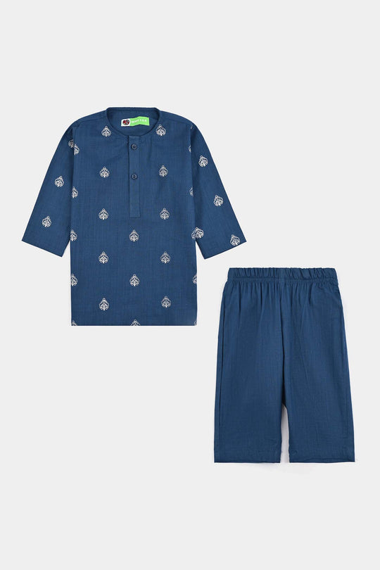 Infant Boys Cotton Slub Kurta Pajama (Tone on Tone)-Blue.Opal