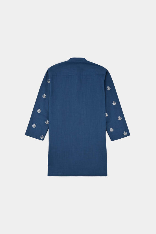 Boys Cotton Slub Kurta Pajama (Tone on Tone)-Blue.Opal