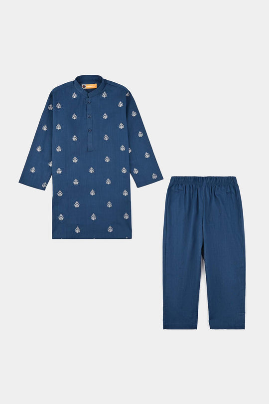 Boys Cotton Slub Kurta Pajama (Tone on Tone)-Blue.Opal