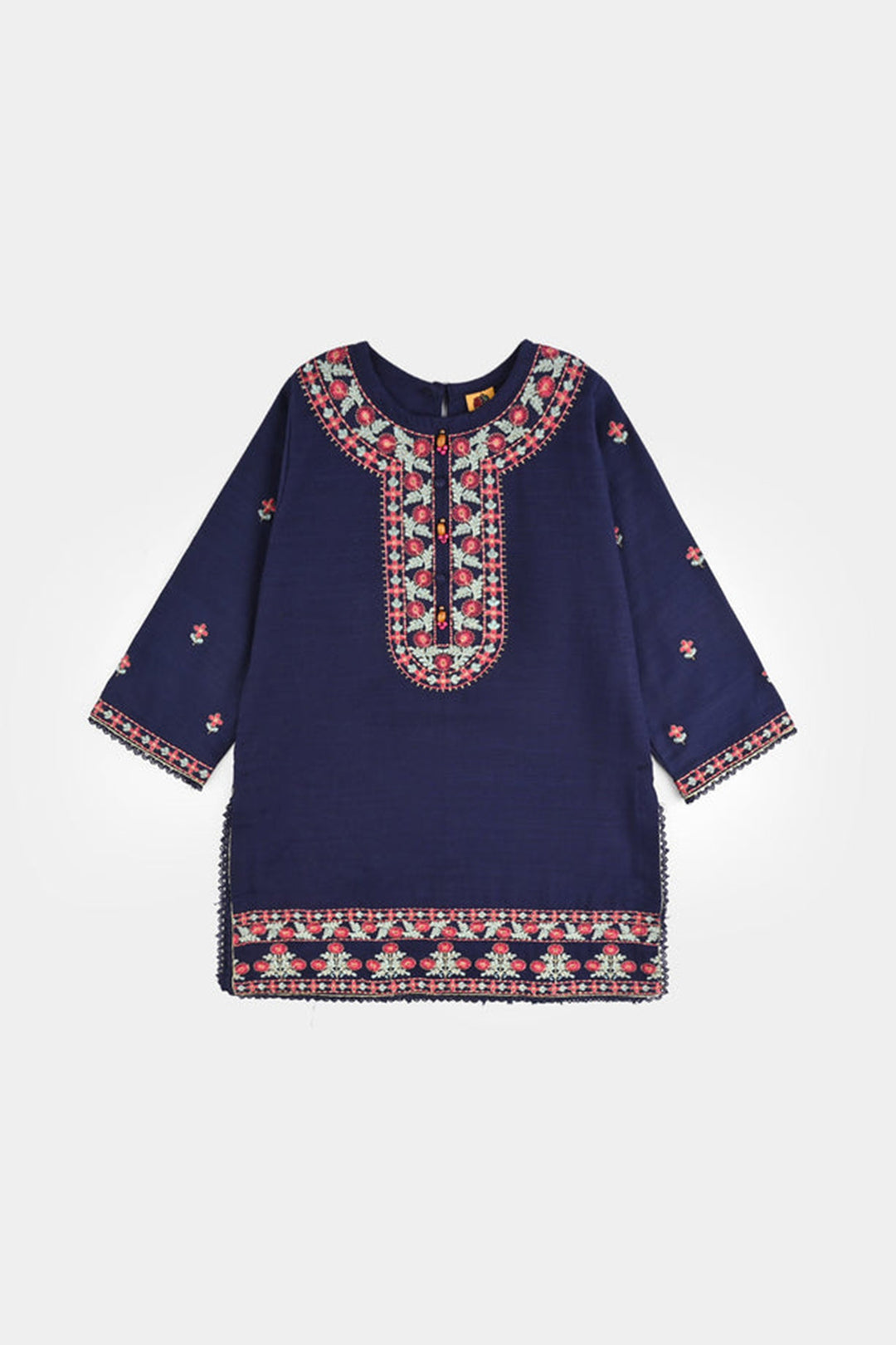 Girls Cotton Slub Embroidered 2Pcs - Navy Blue