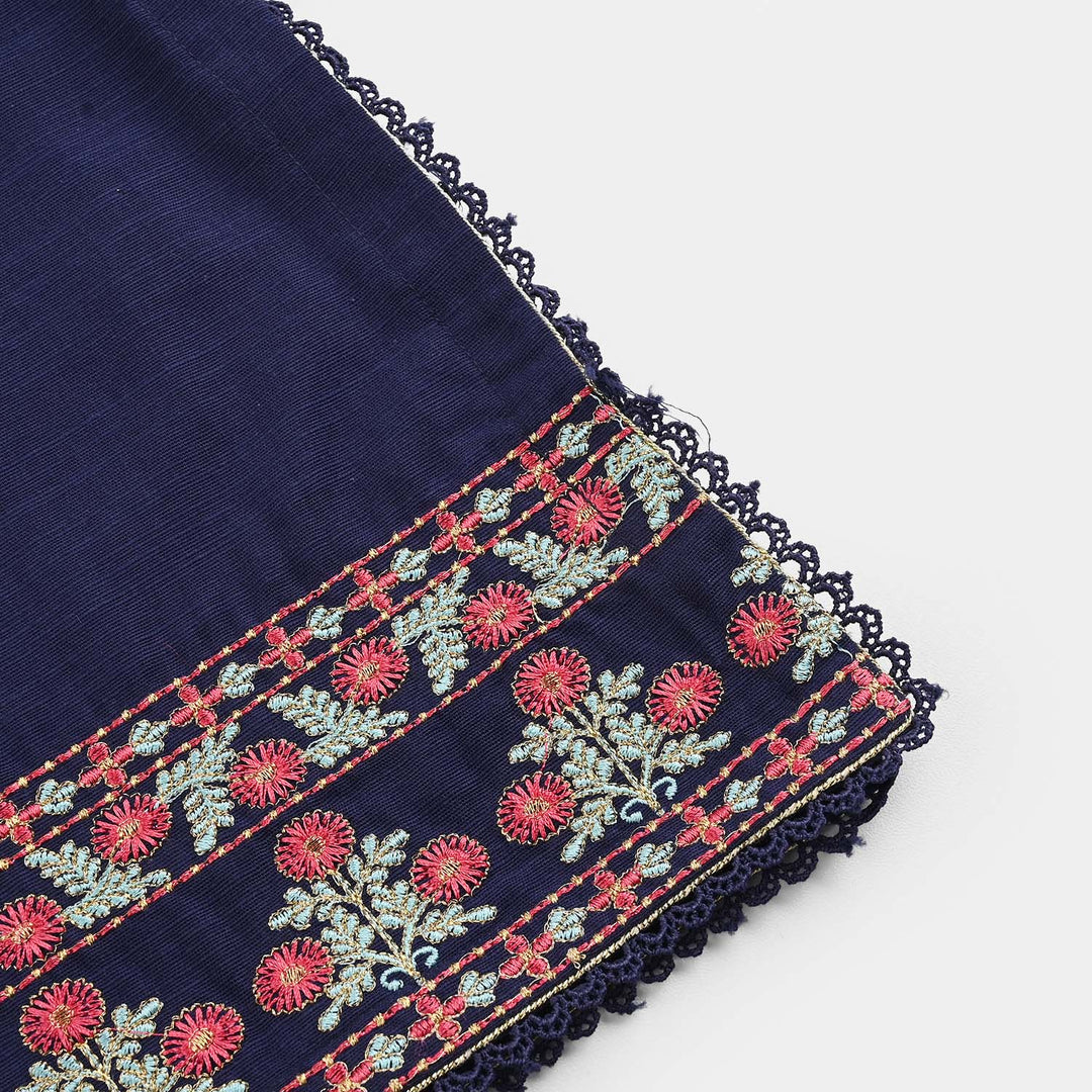 Girls Cotton Slub Embroidered 2Pcs - Navy Blue