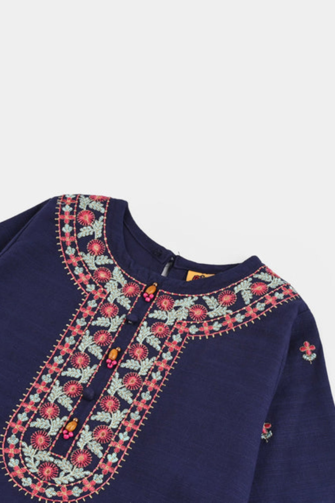 Girls Cotton Slub Embroidered 2Pcs - Navy Blue